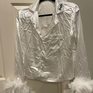 Bride Feather Pajama Set with Long Sleeve Top and Pants, Size Small